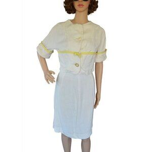 Vintage 60s Handmade Skirt Set Beige Yellow Womens XS Preppy Secretary Suit Set
